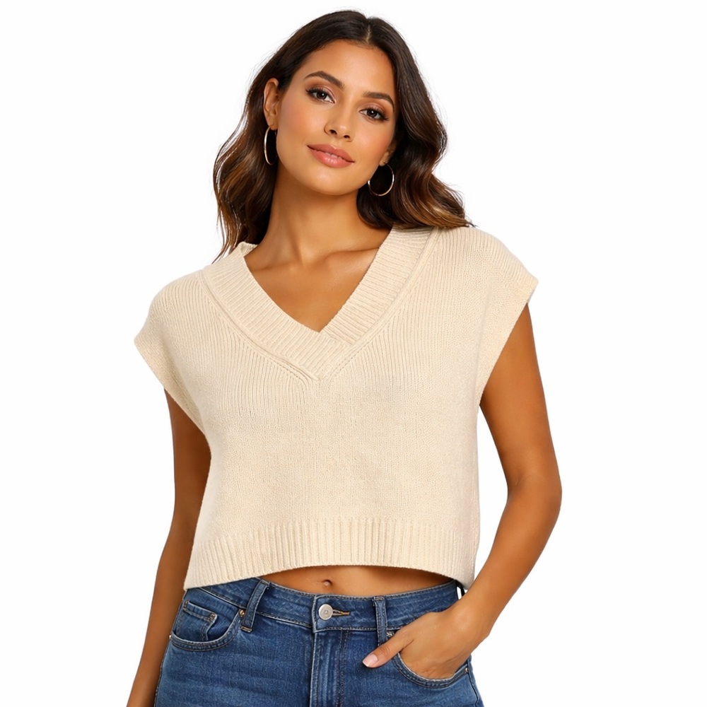 Free People Cream Oversized Sweater Vest V Neck Chunky Knit Boho L - Picture 11 of 11